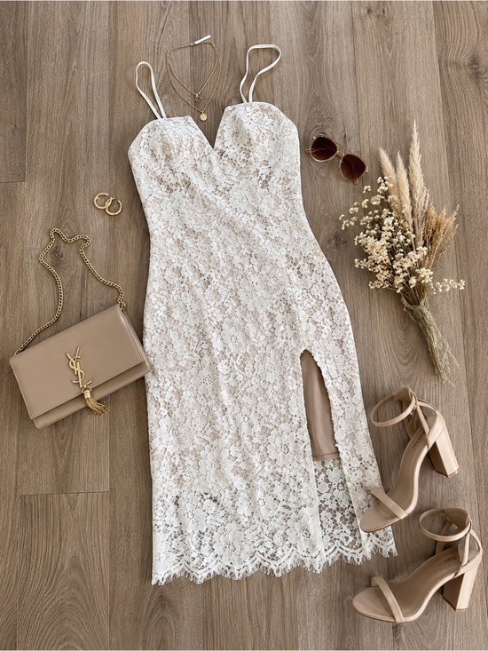 Lulus Dresses & Skirts - LULUS White Lace Side Slit Knee Length Dress Size Medium